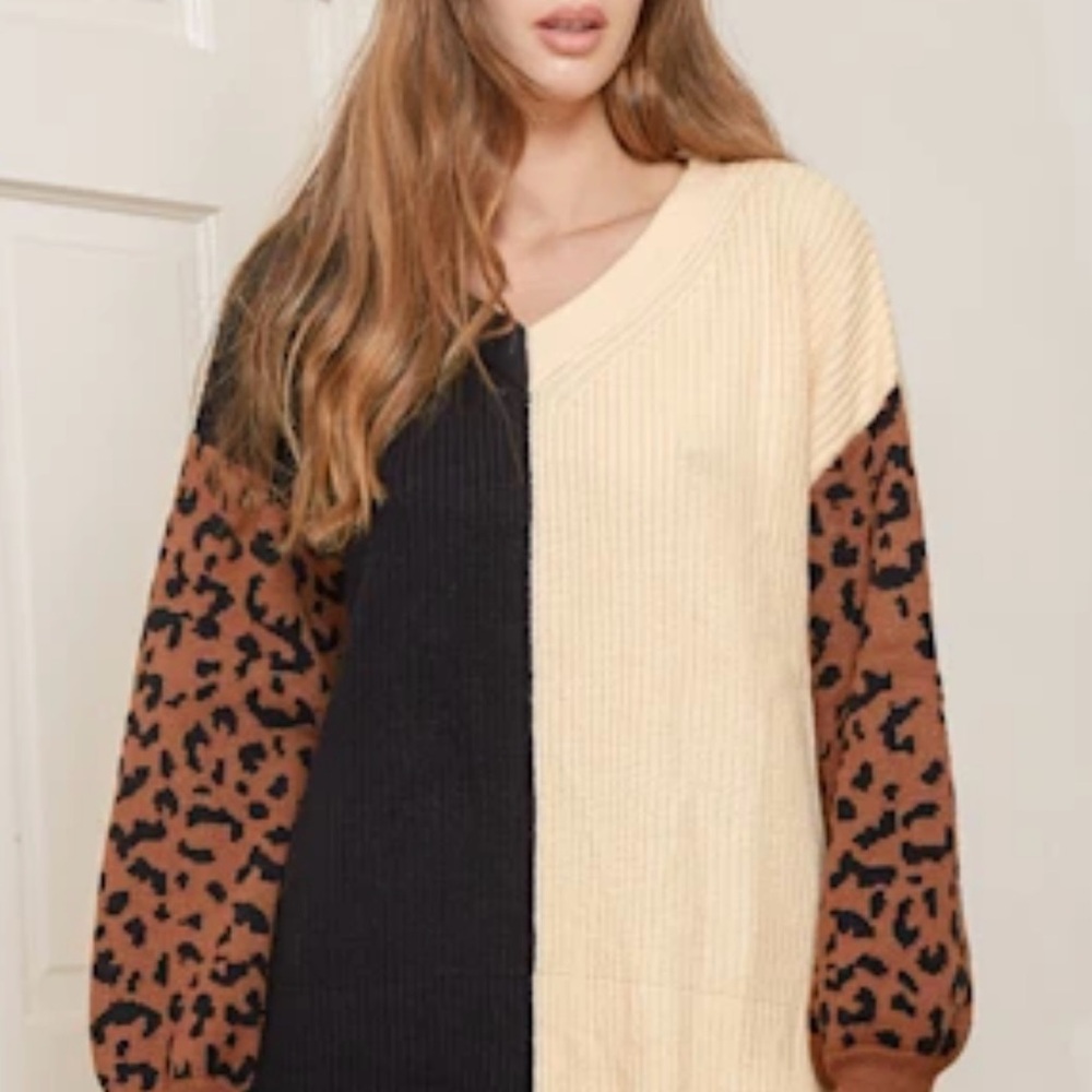 Color block sweater- balloon sleeve, leopard print